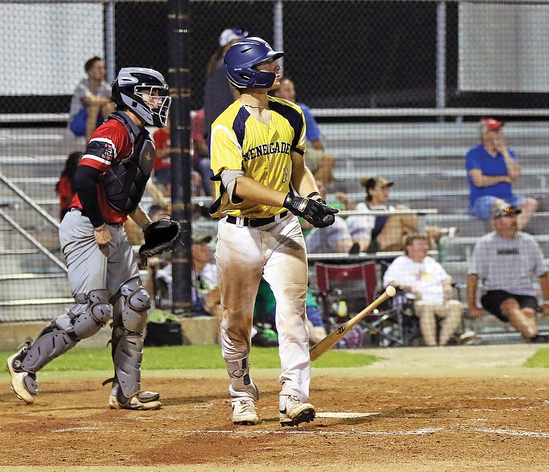 Hamilton Anderson of the Jefferson City Renegades watches his three-run home run during the eighth inning Friday night in a game against the Joplin Outlaws at Vivion Field.