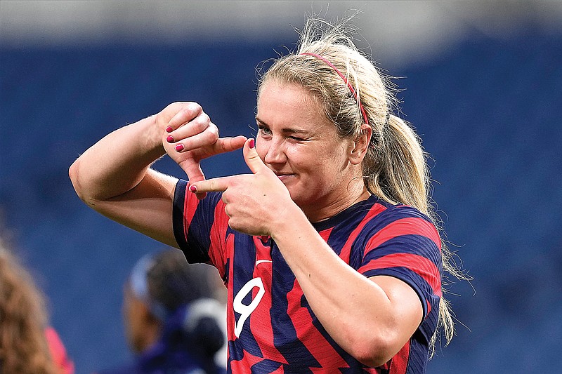Lindsey Horan of the United States celebrates after scoring a goal during Saturday's women's soccer match against New Zealand at the 2020 Summer Olympics in Saitama, Japan.