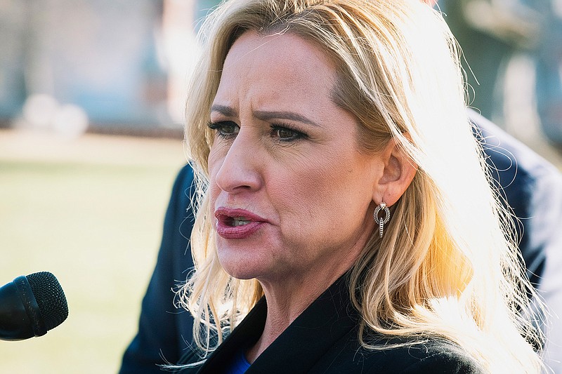 In this Jan. 22, 2020, file photo, Arkansas Attorney General Leslie Rutledge speaks to reporters at a news conference in Washington. (AP Photo/Cliff Owen, File)