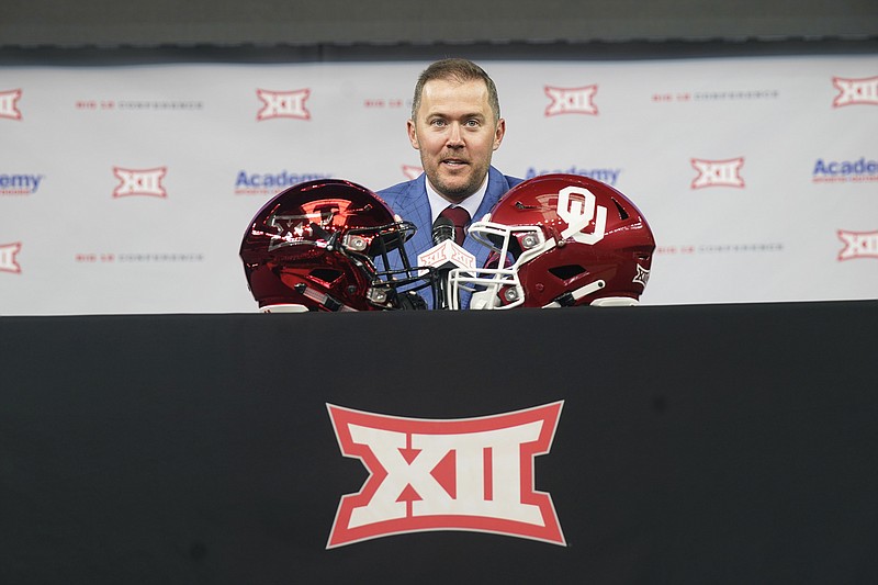 Oklahoma football coach Lincoln Riley talks Wednesday, July 21, 2021, during Big 12 Media Days in Arlington, Texas.