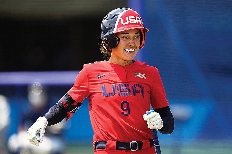 Janie Reed of the U.S. softball team smiles during last Wednesday's game against Italy at the Fukushima Azuma Baseball Stadium at the 2020 Summer Olympics in Fukushima, Japan.