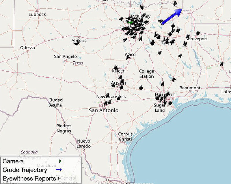 This map posted online Monday, July 26, 2021, by NASA Meteor Watch shows the rough trajectory (the large, blue arrow) and the sites of reported sightings (small, black arrows) of a large, bright meteor seen by hundreds at about 9 p.m. Sunday, July 25, across the Four States region.