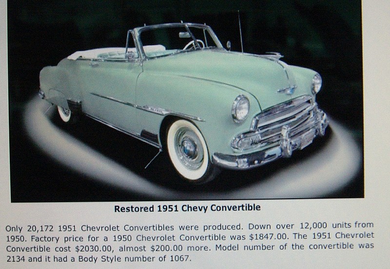 This is the Chevrolet in 1951 when Tom Lanier took over ownership of the Linden franchise for America's favorite car. The convertible model had a 105 HP in-line six engine with Powerglide automatic transmission, chrome rear fender gravel guards and painted fender skirts. The interior had leather with two tones of color. Those wire curb detectors were probably extra. (Submitted photo)

