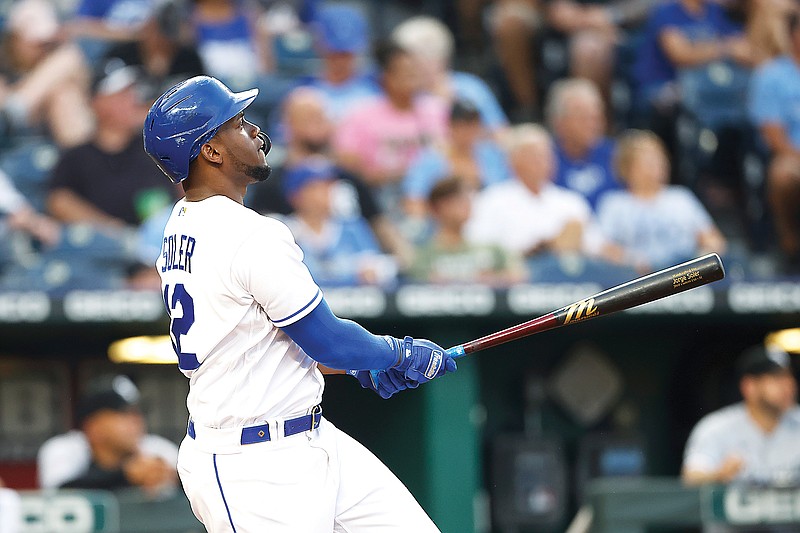 Jorge Soler of the Royals watches his second home run of the night during the fourth inning of Monday night's game against the White Sox at Kauffman Stadium in Kansas City.