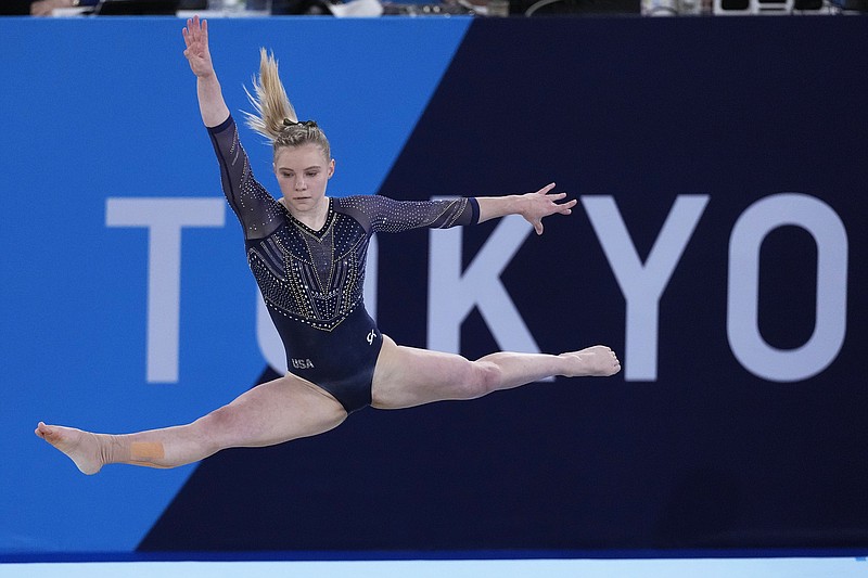 Jade Carey performs on the floor during the women's gymnastics all-around final Thursday at the 2020 Summer Olympics in Tokyo.