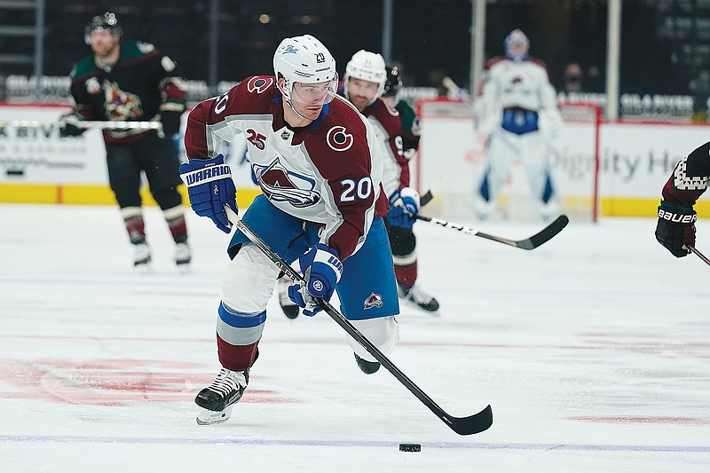 In this March 23 file photo, Brandon Saad skates with the puck while a member of the Avalanche in a game against the Coyotes in Glendale, Ariz.