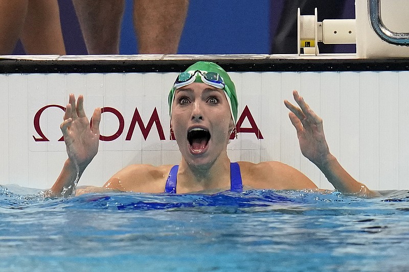 South Africa's Tatjana Schoenmaker celebrates after winning the gold medal in the women's 200-meter breaststroke final Friday at the 2020 Summer Olympics in Tokyo.