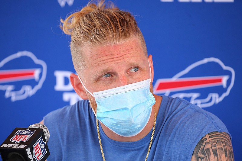  Buffalo Bills receiver Cole Beasley addresses the media following practice at NFL football training camp in Orchard Park, N.Y., in this Wednesday, July 28, 2021, file photo. The NFL can't mandate the vaccine but it made its stance clear through strict protocols for players who don't get it. Cole Beasley has strongly argued against the vaccine, even engaging in public debate with teammates about it on Twitter. "I'm not anti- or pro-vax. I'm pro choice," Beasley said. (AP Photo/Jeffrey T. Barnes, File)
