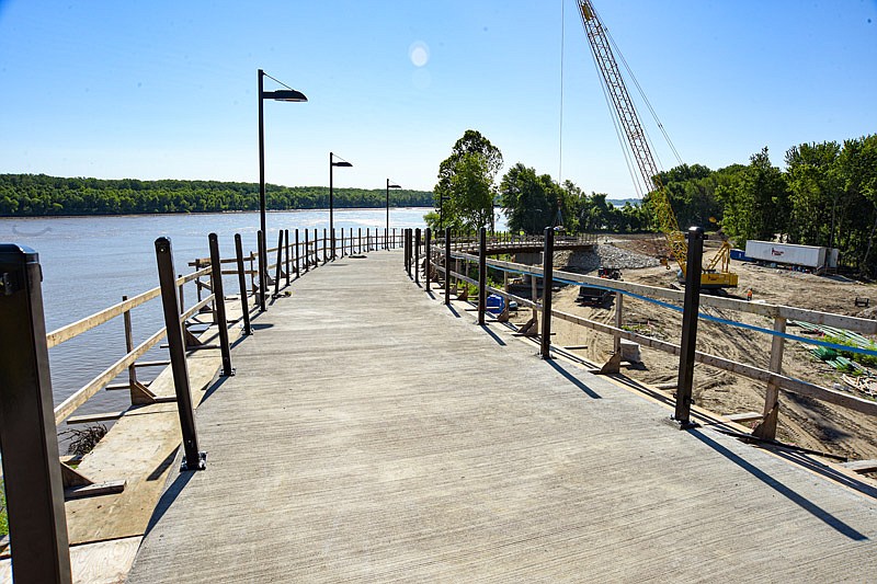 This is a view of the Bicentennial Bridge, while under construction, from near railroad tracks looking toward the Adrian's Island end of the structure.