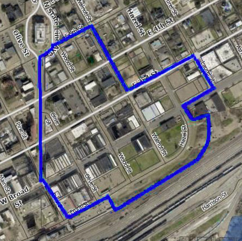 This enhanced image from the Texarkana, Arkansas, Public Works Department shows new boundaries of the city's downtown entertainment district, where open containers of alcohol are allowed outdoors. During a regular meeting Monday, the city Board of Directors approved changes to the boundary, which include adding a grassy area on the south side of Front Street that the city leases from Union Pacific railroad.