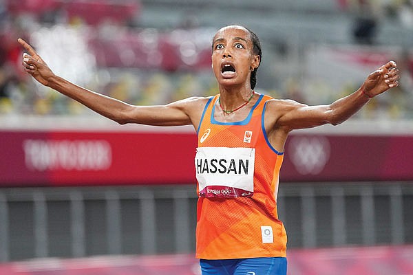 Sifan Hassan of the Netherlands celebrates Monday after winning the gold medal in the women's 5,000-meter run at the 2020 Summer Olympics in Tokyo.