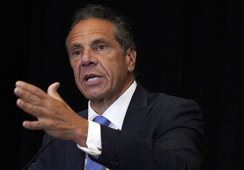 FILE - New York Gov. Andrew Cuomo speaks during a news conference at New York's Yankee Stadium, Monday, July 26, 2021. Investigators conducting an inquiry into sexual harassment allegations against Cuomo questioned him for eleven hours when he met with them last month, The New York Times reported Monday, Aug. 2. (AP Photo/Richard Drew, File)