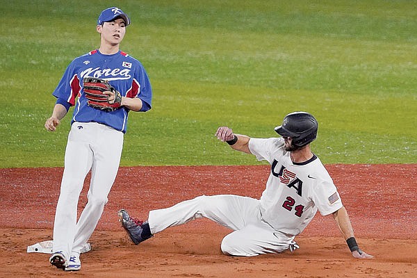 In this July 31 file photo, Bubba Starling of the United States steals second base behind South Korea's Hyeseong Kim during a game at the 2020 Summer Olympics in Yokohama, Japan.