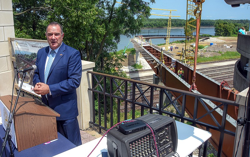 Missouri Lt. Gov. Mike Kehoe addresses the crowd gathered for the dedication of the Bicentennial Bridge to Adrian's Island along the Missouri River in Jefferson City. The ceremony took place only minutes after the last stretch of steel was set into place Monday afternoon, Aug. 9, 2021.