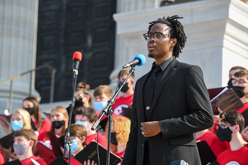 Robert Gibson sings solo on the song "Lift Every Voice and Sing" Tuesday, Aug. 10, 2021, during the Missouri Bicentennial celebration at the state Capitol. Gibson is with the Missouri Choral Directors Association All-State Festival Choir.