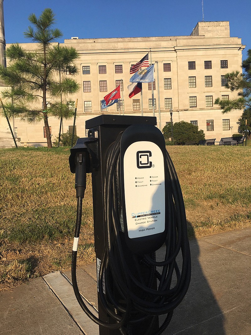 One of two EV charging stations is seen on the Olive Street side of Courthouse Square in downtown Texarkana. They are the only charging stations publicly available in either Texarkana that are compatible with various models of electric vehicles. Electricity from the chargers will be free, at least initially.