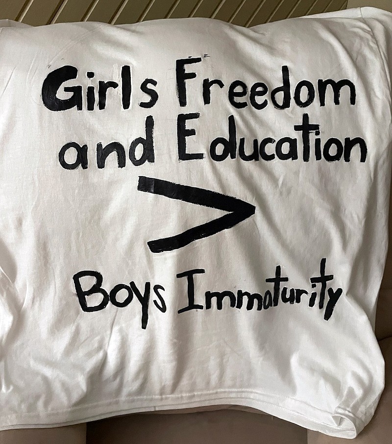 One of the shirts a group of students at Texarkana's Texas High School wore Friday in protest of a dress code rule is pictured. At issue is a rule that girls must wear "a fingertip length shirt" with leggings or other tight-fitting pants. The grandmother of one of the protesters claimed the rule exists to avoid "a distraction to the boys."