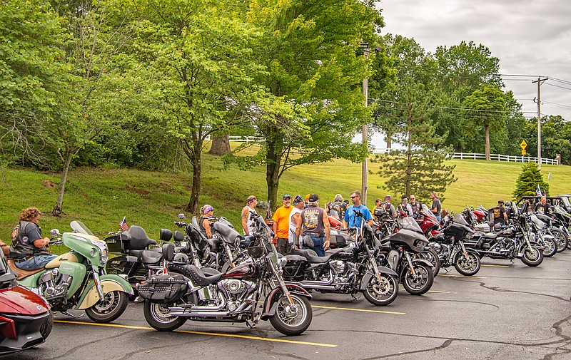 Bikers gather for the 14th Annual Elks' Motor Rally for the Veterans Saturday.  Over one hundred bikes and autos made a trip to Jamestown, California, Tipton, and Eldon, concluding back at the Elks' Lodge for a pork steak dinner.  Funds raised by the Rally help local veterans.  (Ken Barnes/News Tribune)