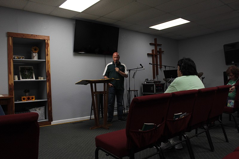 <p>Democrat photo/Austin Hornbostel</p><p>Chip Sanders, one of the founders of The Well Rural Resource in Iberia, spoke to attendees at an information night about New Beginnings Church’s planned offshoot, The Well Calimo, last week.</p>