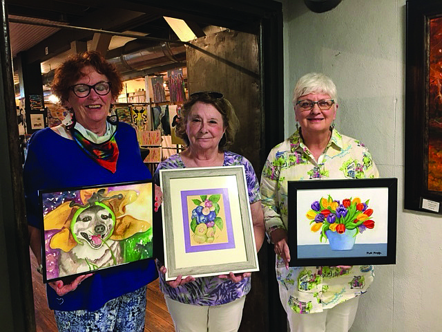 These members were deemed Artists of the Month at the Four States Regional Art Club meeting in August. From left, first place Barbara Cole, second place Debbie James and third place Beth Murphy. (CONTRIBUTED PHOTO)