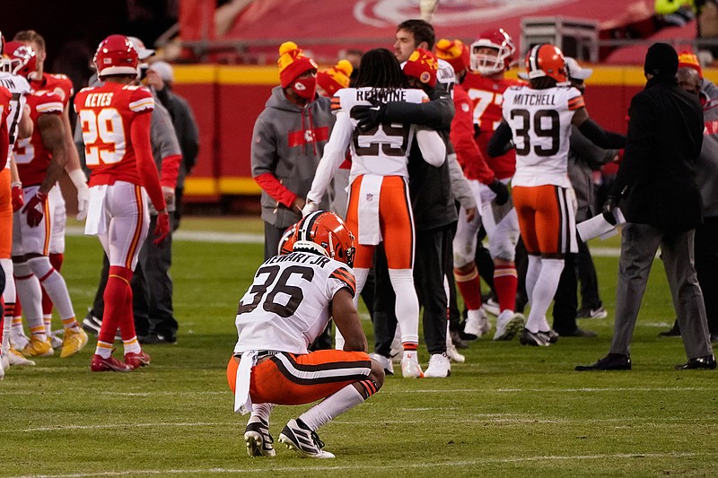 In this Jan. 17, 2021, file photo, Cleveland Browns cornerback M.J. Stewart Jr. (36) reacts on the field after an NFL divisional playoff football game against the Kansas City Chiefs in Kansas City. The Browns are on their way back to Kansas City's rowdy Arrowhead Stadium, where Cleveland's 2020 season ended with a gut-punching playoff loss and where its 2021 season,  one with Super Bowl hopes, starts. (AP Photo/Charlie Riedel, File)