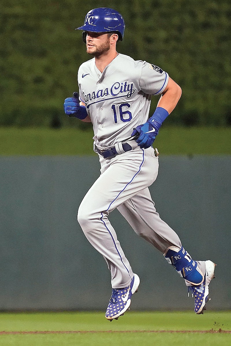 Andrew Benintendi of the Royals rounds the bases on his second home run of the night, a two-run homer off Twins pitcher Juan Minaya during the 11th inning of Friday night's game in Minneapolis.