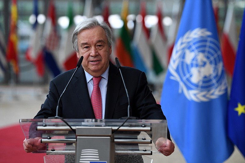 <p>AP File</p><p>United Nations Secretary General Antonio Guterres addresses journalists June 24 during an EU summit at the European Council building in Brussels. Guterres has issued a dire warning Saturday that the world is moving in the wrong direction and faces “a pivotal moment.”</p>