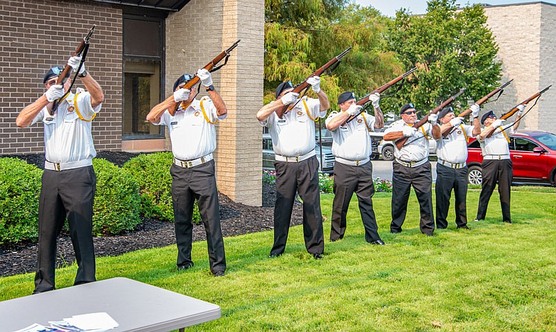 VFW Post 1003 renders a 21 gun salute to close the ceremonies at the Jefferson City Veteran's Plaza rededication at JCPD Saturday, Sept. 11, 2021.  (Ken Barnes/News Tribune photo)