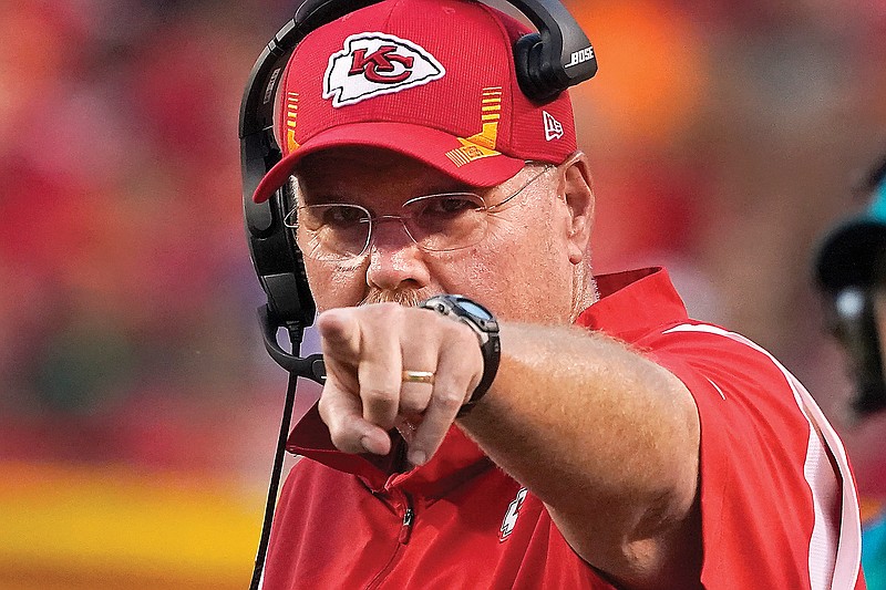 Chiefs head coach Andy Reid points from the sidelines during the first half of last month's preseason game against the Vikings at Arrowhead Stadium in Kansas City.