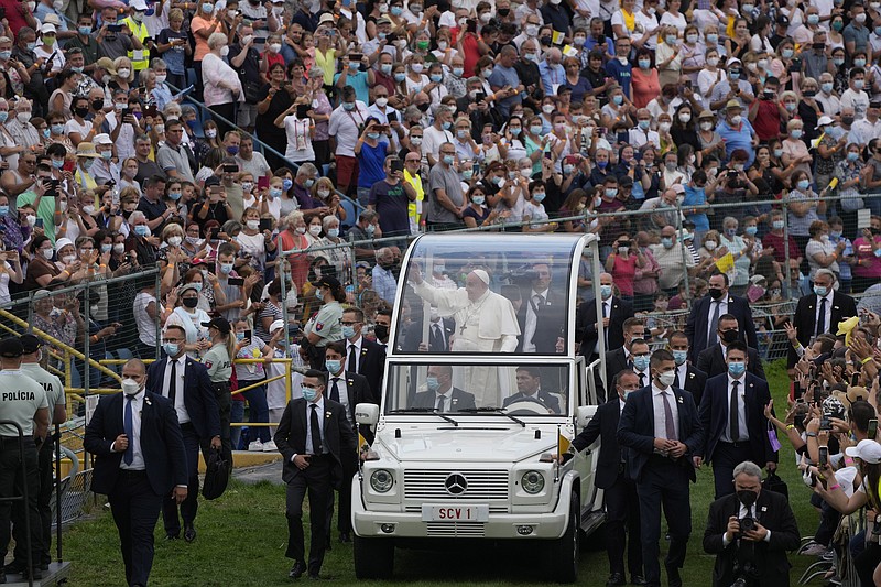 Pope Francis meets with young people at Lokomotiva Stadium in Košice, Slovakia, Tuesday, Sept. 14, 2021. Francis first trip since undergoing intestinal surgery in July, marks the restart of his globetrotting papacy after a nearly two-year coronavirus hiatus. (AP Photo/Gregorio Borgia)