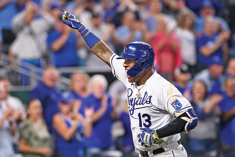 Salvador Perez of the Royals celebrates his three-run home run against the Athletics during the sixth inning of Tuesday night's game at Kauffman Stadium in Kansas City.