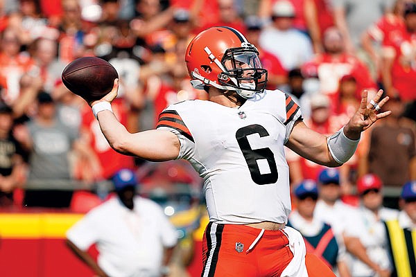 Browns quarterback Baker Mayfield throws during last Sunday's game against the Chiefs at Arrowhead Stadium.