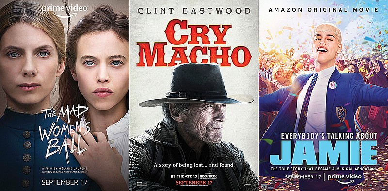 This combination of photos shows promotional art for "The Mad Women's Ball," a film premiering Sept. 17 on Amazon Prime, left, "Cry Macho," a film premiering Sept. 17 on HBO Max, center, and "Everybody's Talking About Jamie," a film premiering Sept. 17 on Amazon Prime. (Amazon/HBO Max/Amazon via AP)