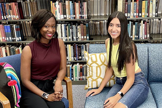 LaMoya Burks, left, head librarian and instructor at Texarkana College, interviews Catalina Cordero, a TC student who recently moved to America from Bucaramanga, Columbia.