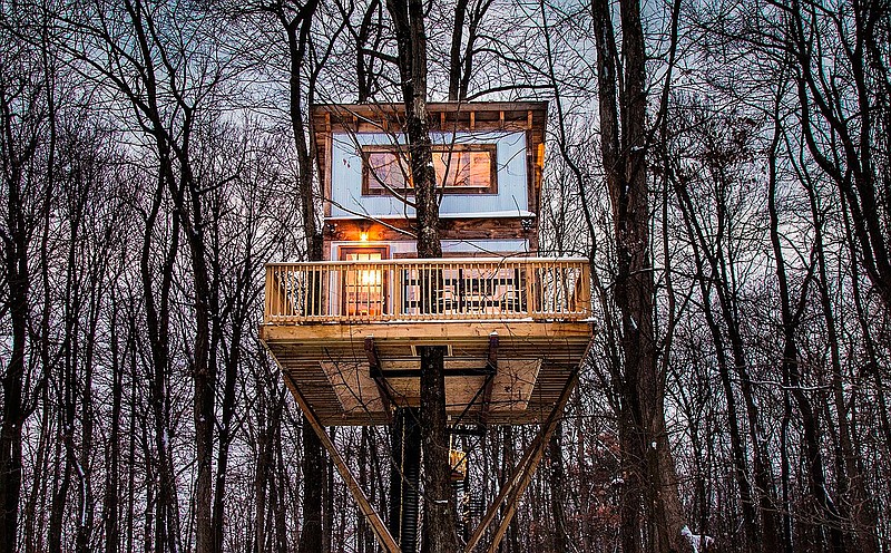 This undated photo provided by The Mohicans Treehouse Resort and Wedding Venue shows "Tin Shed" at The Mohicans Treehouse Resort and Wedding Venue in Glenmont, Ohio. (Chris McLelland via AP)