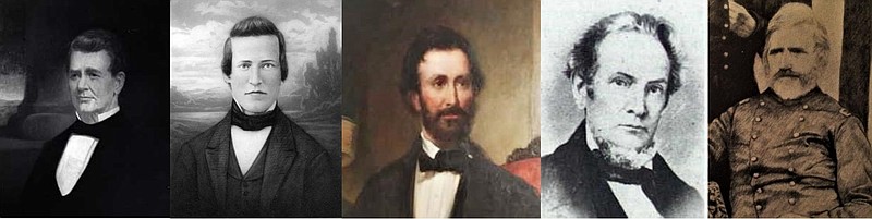 Five of the seven prominent Jefferson City citizens that created the Jefferson City Land Company, from left to right: Thomas L. Price, James B. Gardenshire, Judge Robert Wells, Eli Bass and Bernard Bruns. Other investors were Dr. William Curry and Dr. William Davidson.