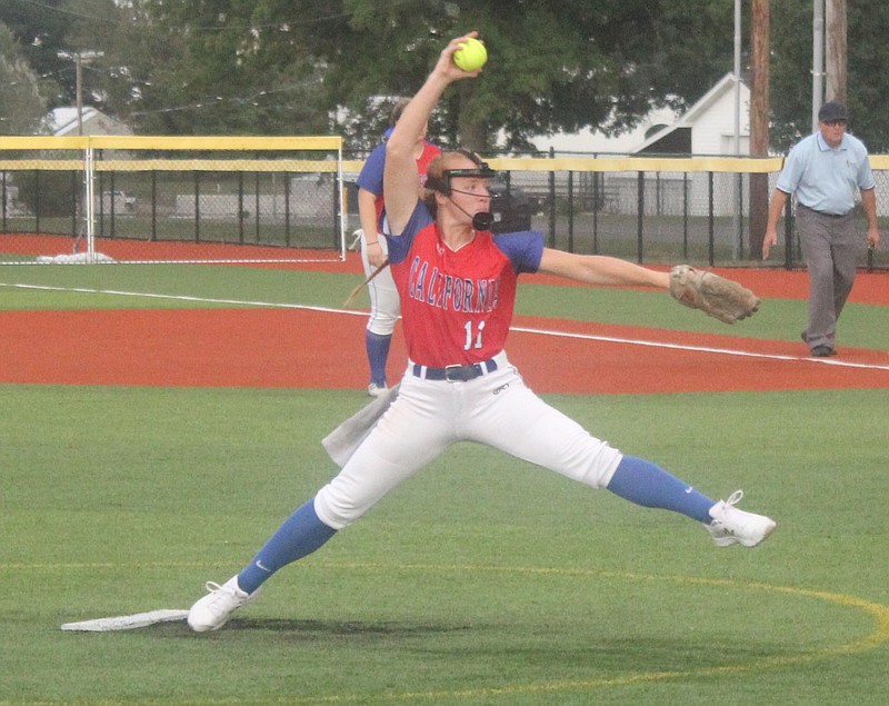 <p>Democrat photo/Evan Holmes</p><p>Senior Ellie Clay goes through her pitching motion to strike out a Versailles batter. Clay struck out 13 batters last Tuesday night.</p>