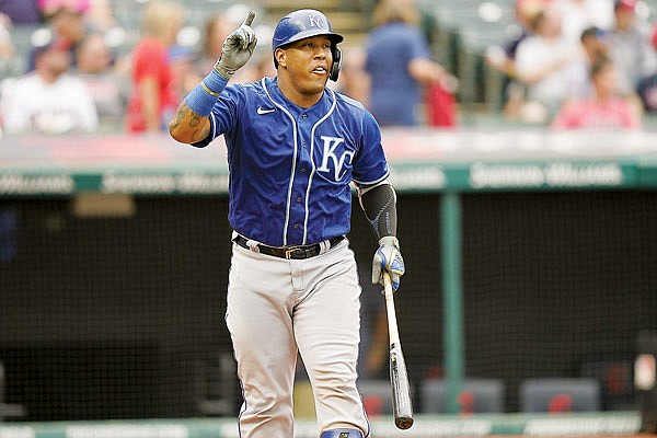 Salvador Perez of the Royals celebrates after hitting a two-run home run in the fifth inning in the first game of Monday's doubleheader against the Indians in Cleveland.