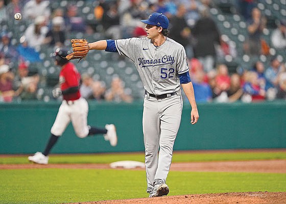 Royals starting pitcher Daniel Lynch gets another ball as Ernie Clement of the Indians runs the bases after hitting a solo home run in the second inning of Tuesday night's game in Cleveland.