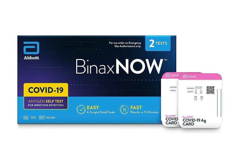 This image provided by Abbot shows packaging for their BinaxNOW self test for COVID-19. President Joe Biden is betting on millions more rapid, at-home tests to help curb the latest deadly wave of the COVID-19 pandemic, which is overloading hospitals and threatening to shutter classrooms around the country. But the tests have already disappeared from pharmacy shelves in many parts of the U.S., and manufacturers warn it will take them weeks to ramp up production, which was slashed after demand for the tests plummeted over the summer of 2021.