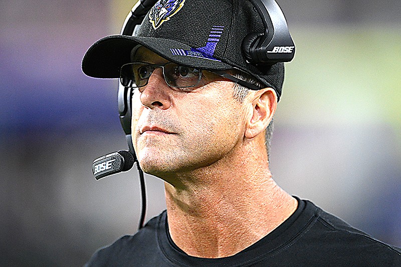 Baltimore Ravens head coach John Harbaugh walks on the sideline in the second half of an NFL football game against the Kansas City Chiefs, Sunday, Sept. 19, 2021, in Baltimore. (AP Photo/Nick Wass)