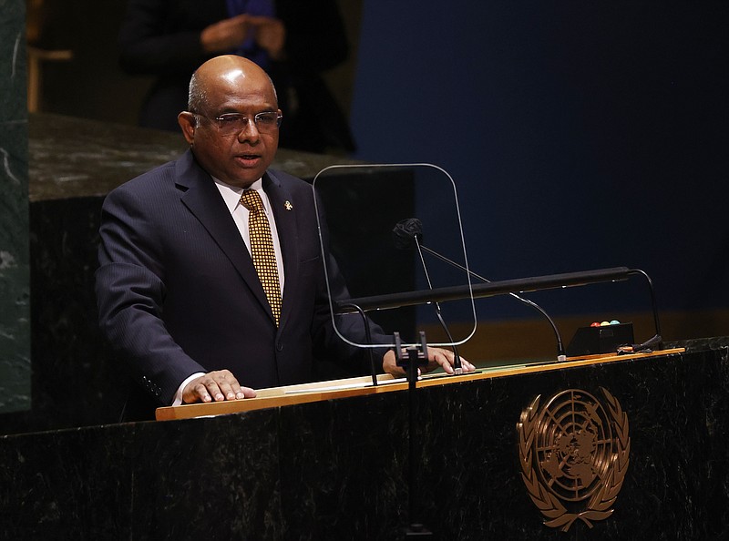 President of the General Assembly Abdulla Shahid speaks at a High-level meeting on the U.N. World Conference Against Racism during the 76th Session of the U.N. General Assembly at United Nations headquarters in New York, on Wednesday, Sept. 22, 2021. (John Angelillo/Pool Photo via AP)