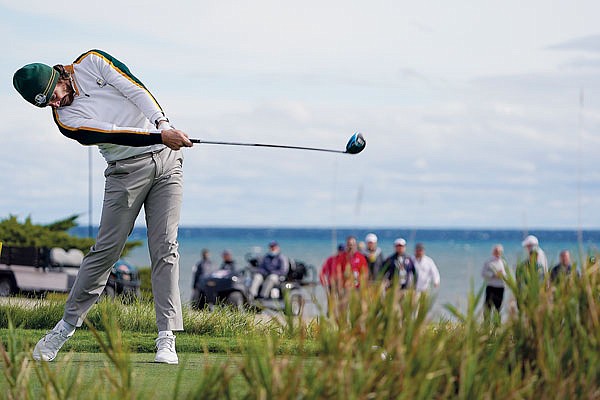 Team Europe's Tommy Fleetwood hits a drive on the second hole during Wednesday's practice round for the Ryder Cup at the Whistling Straits Golf Course in Sheboygan, Wis.
