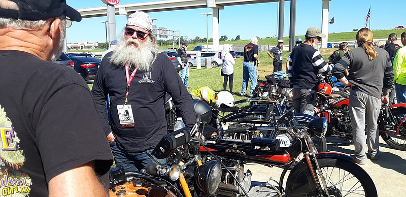 John Bartman, veteran rider in the Motorcycle Cannonball, talked with visitors and well-wishers when Team Skeeter stopped Thursday at Harley Davidson-Texarkana. The team is in the final stages of the bi-annual event, with the end point set to be South Padre Island.