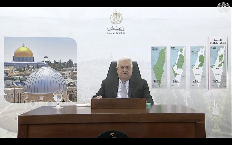 In this photo taken from video, Palestinian President Mahmoud Abbas remotely addresses the 76th session of the United Nations General Assembly in a pre-recorded message, Friday, Sept. 24, 2021, at UN headquarters. (UN Web TV via AP)