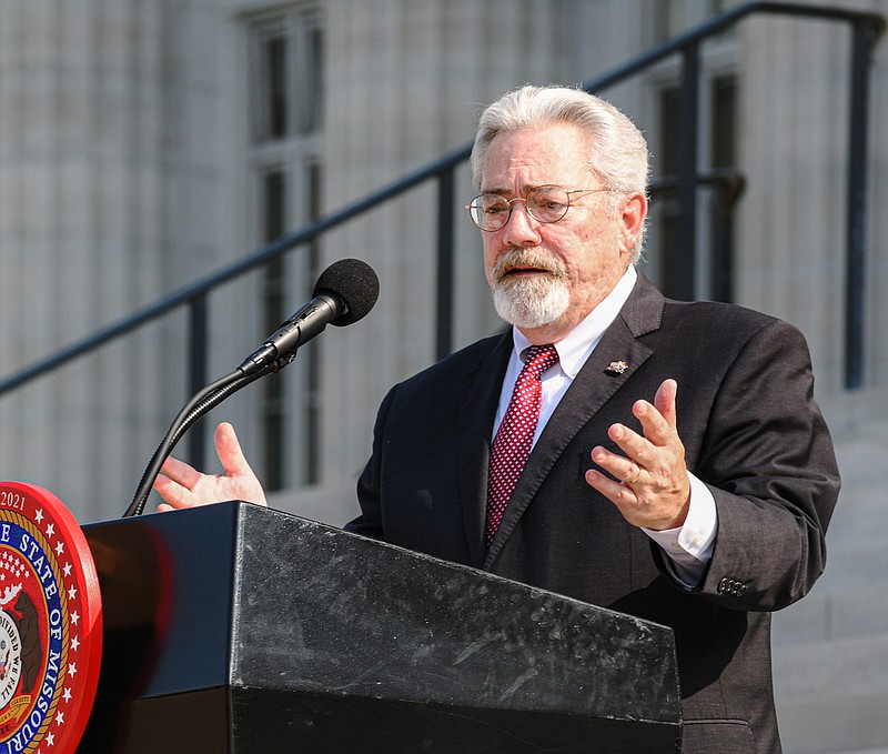 Julie Smith/News Tribune
Jefferson City native and Chief Justice, Supreme Court of Missouri, The Honorable Paul C. Wilson delivered remarks Aug. 10 to those gathered for the Bicentennial Celebration at the Missouri Capitol. Dozens of dignitaries were among the attendees to the morning ceremony.