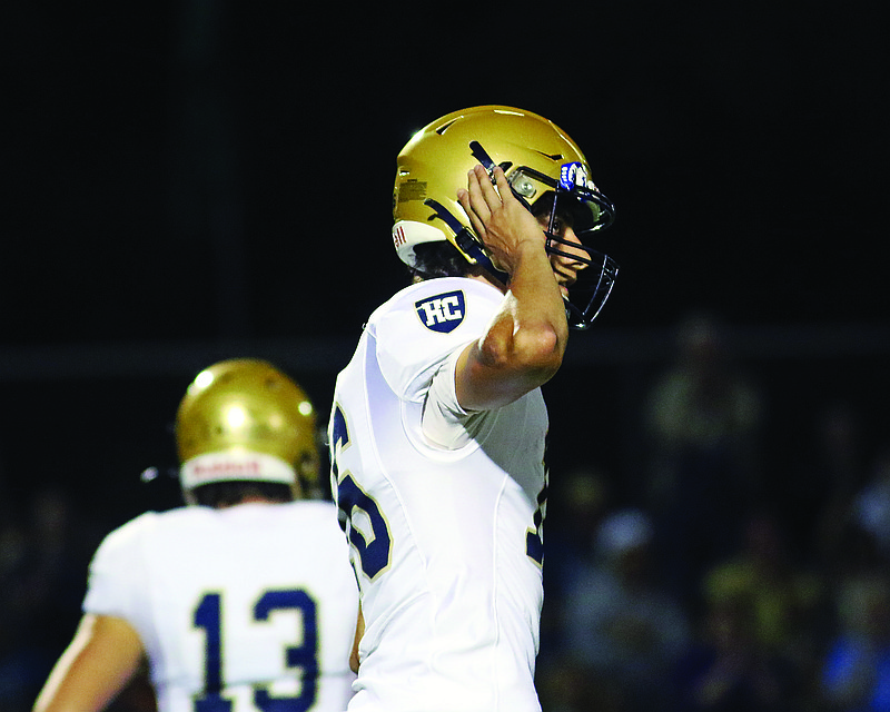 Helias kicker Vinnie Calvaruso celebrates after making a field goal during Friday night's game against Rock Bridge in Columbia.
