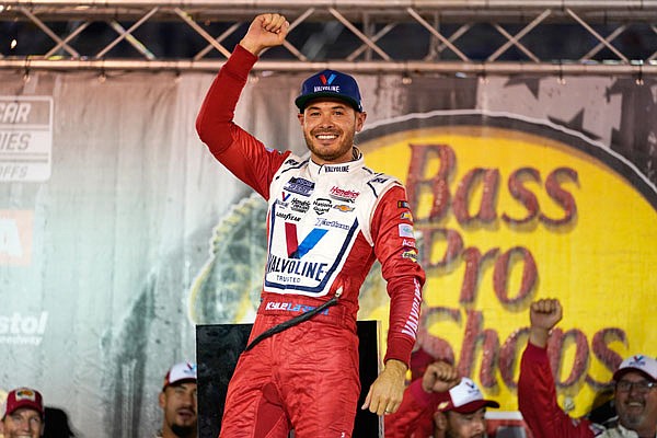 Kyle Larson celebrates last Saturday after winning the NASCAR Cup Series race at Bristol Motor Speedway in Bristol, Tenn.