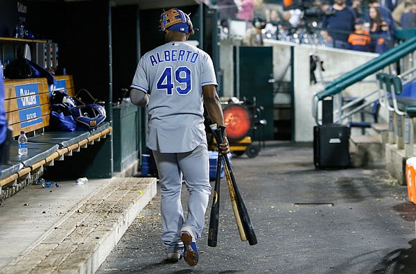 Hanser Alberto leaves the Royals dugout dugout following Saturday night's 5-1 loss to theTigers in Detroit.