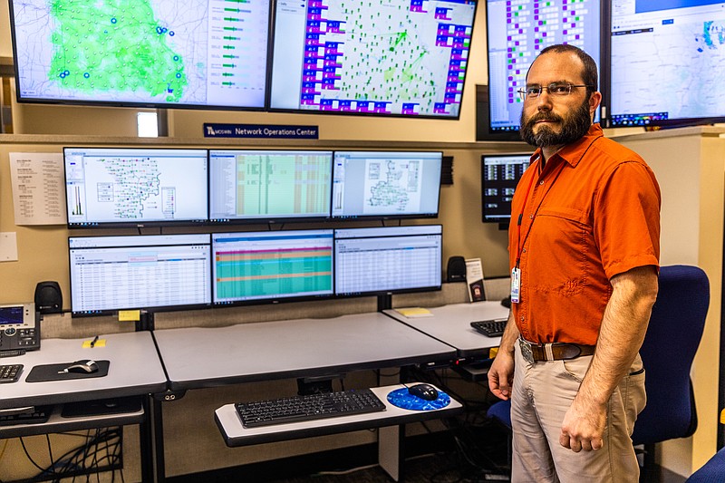 Ethan Weston/News Tribune Matt Nutt poses for a portrait on Friday, September 24, 2021 at the Missouri Interoperability Center in Jefferson City, Mo. Nutt is the system administrator for the center which helps link emergency and first responders across different districts in the state.